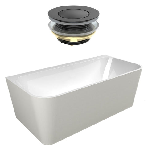 Seima Plati 130 Back to Wall Bath 1500mm Gloss White + Flexiwaste Overflow Kit & Pop-Out Waste Matte Black 192862