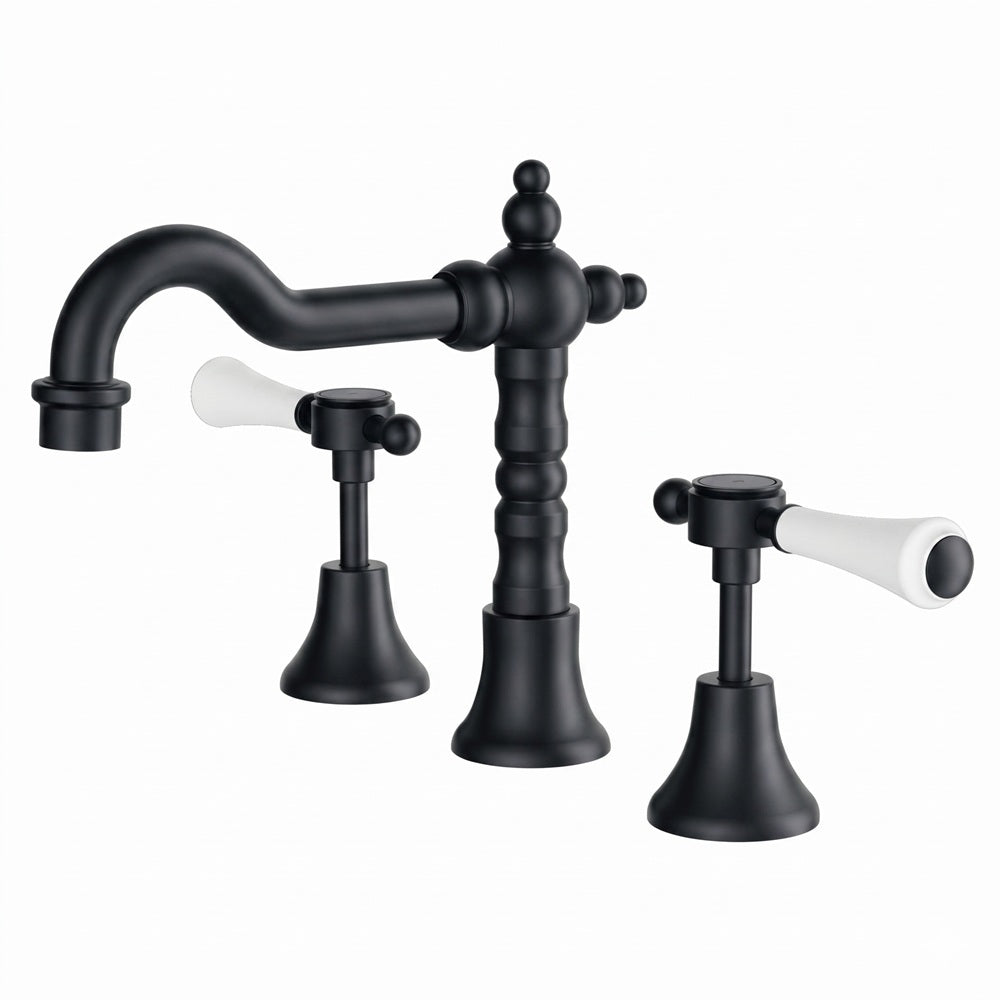 Fienza Lillian Lever Shepherds Crook Basin Set Lead Free Matte Black w/ White Handle 339101BK-LF