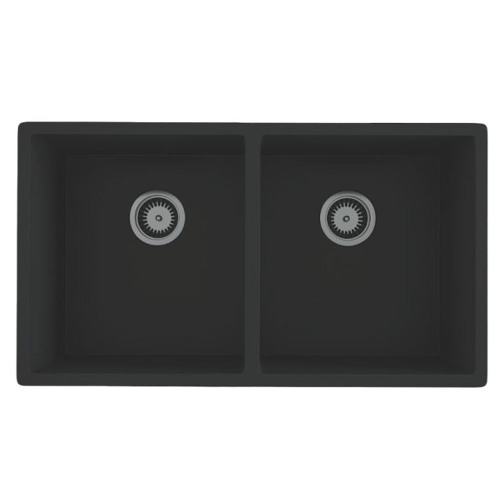 Amelie Deauville Kitchen Sink Quartz Double Bowl (Topmount/Undermount) 813x457x249mm (No Overflow) Matte Black BDOFORSB813BL