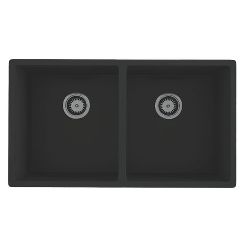 Amelie Deauville Kitchen Sink Quartz Double Bowl (Topmount/Undermount) 813x457x249mm (No Overflow) Matte Black BDOFORSB813BL