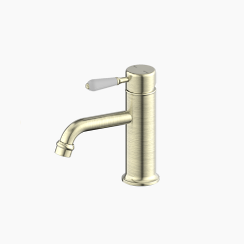 Nero York Straight Basin Mixer w/White Porcelain Lever Aged Brass NR692101B01AB