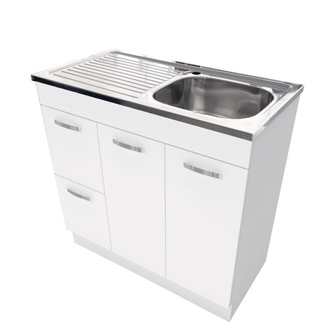 Fienza Citi Sink & Unicab Vanity On Kick Solid Doors (Left Hand Drawers) (No taphole) 900mm Gloss White CIT90NKWL-0