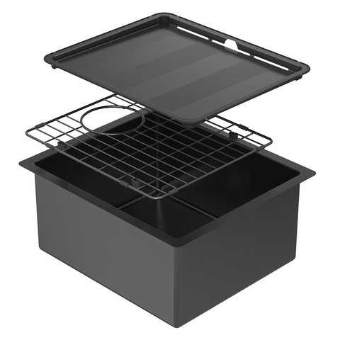 Abey Piazza Square Sink Single Bowl 390x445mm Topmount/Undermount (Inc. Tray & Grid) Black Pearl CR340B