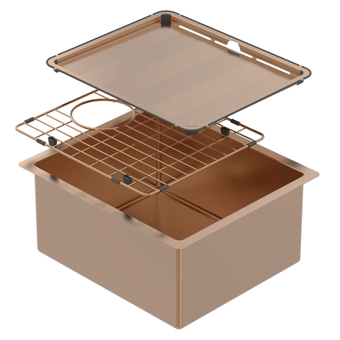 Abey Piazza Square Sink Single Bowl 390x445mm Topmount/Undermount (Inc. Tray & Grid) Artisan Copper CR340CO