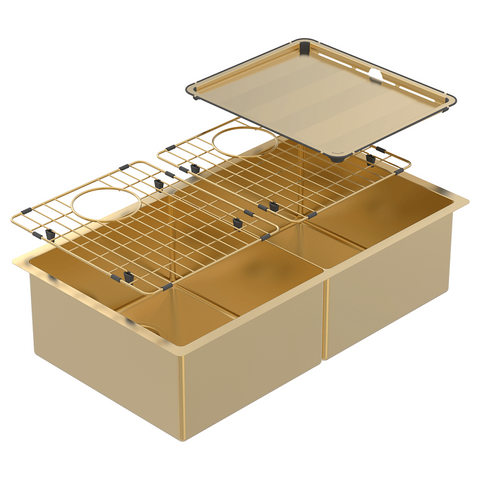 Abey Piazza Square Sink Double Bowl 758x445mm Topmount/Undermount (Inc. Tray & Grid) Eureka Gold CR340DG