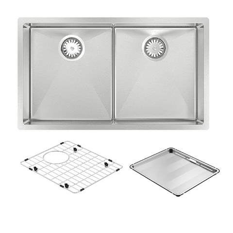 Abey Piazza Square Sink Double Bowl 758x445mm Topmount/Undermount (Inc. Tray & Grid) Stainless Steel CR340D
