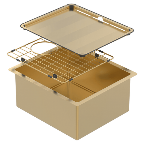 Abey Piazza Square Sink Single Bowl 390x445mm Topmount/Undermount (Inc. Tray & Grid) Eureka Gold CR340G