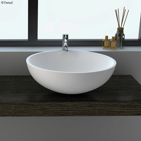 Fienza Lexy Solid Surface Above Counter Basin (w/ Chrome Pop Up Waste) 600x345mm No Overflow Gloss White CSB038-PU