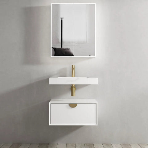 Otti Moonlight Wall Hung Cabinet 600mm Single Basin (Gold Handle) White (Cabinet Only) ML600W