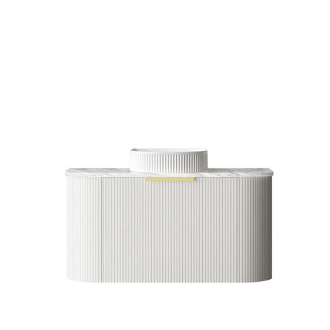 Otti Bondi Wall Hung Curve Vanity 900mm Fluted Satin White w/ Cloudy Carrara Top BO900WST-CA