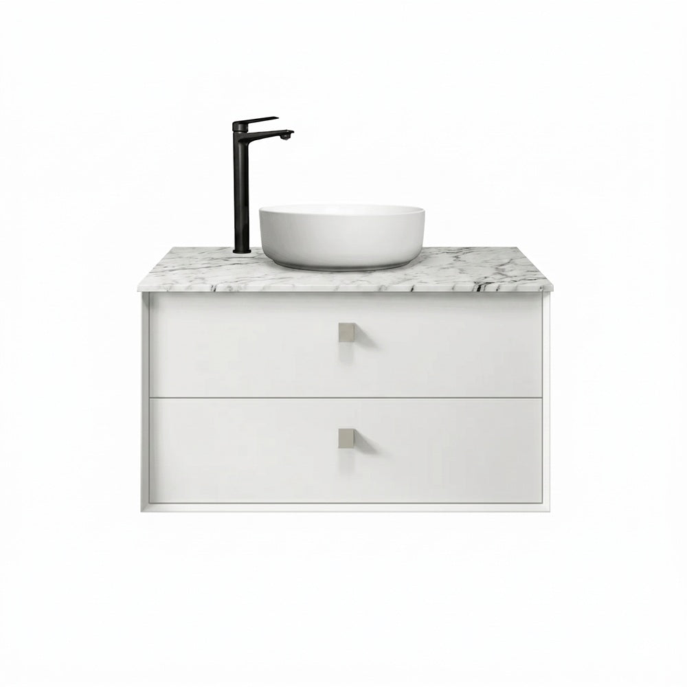 Otti Boston Wall Hung Vanity 900mm Satin White / Natural Carrara Marble Top BS900WSTUD-NCA