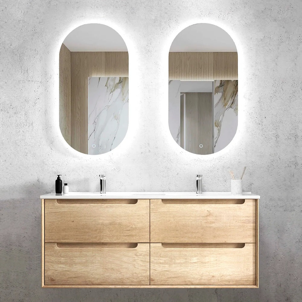 Otti Byron Wall Hung Vanity 1200mm Natural Oak w/ Ceramic Top Double Bowl BY1200NCT-D