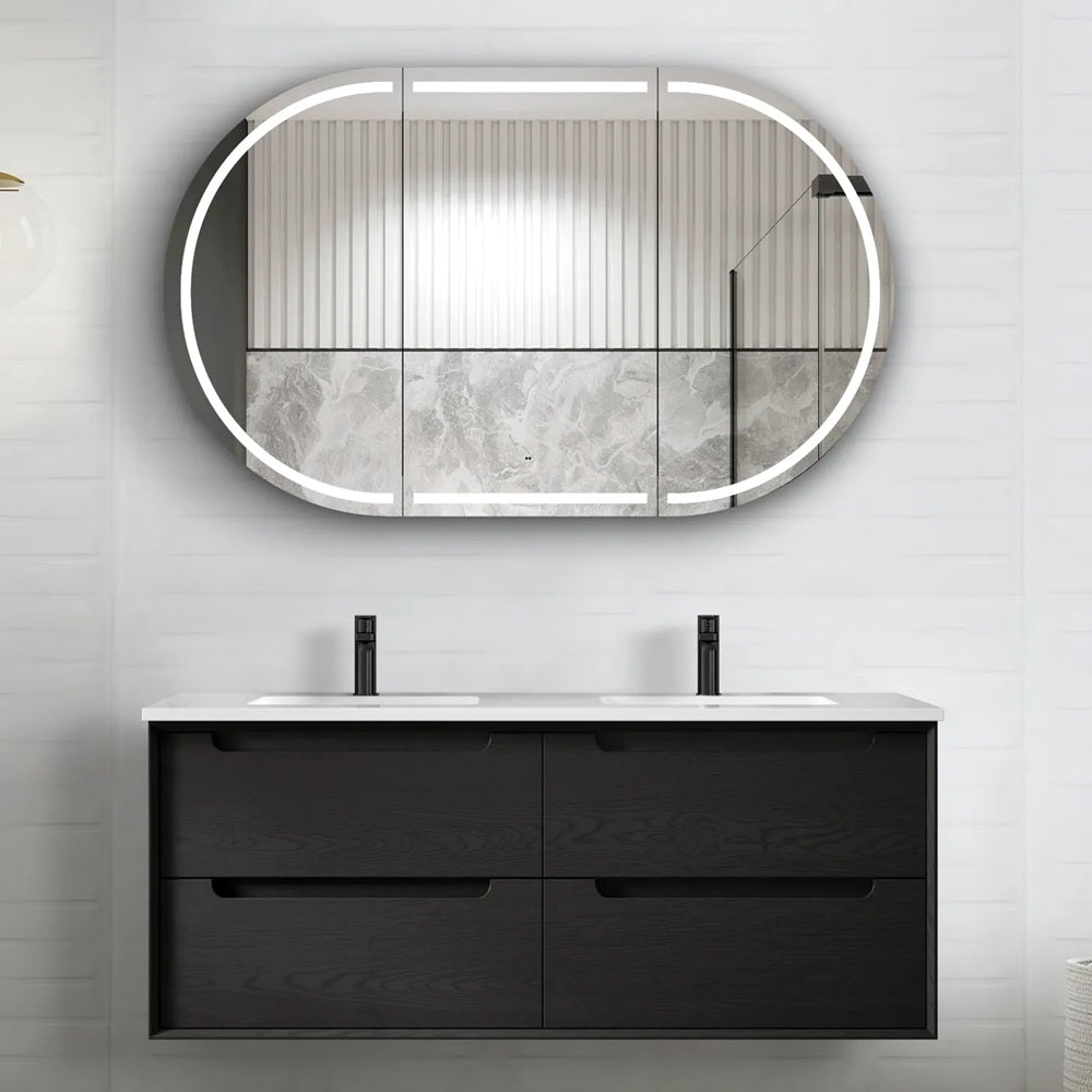 Otti Byron Wall Hung Vanity 1200mm Black Oak w/ Ceramic Top Double Bowl BY1200BCT-D