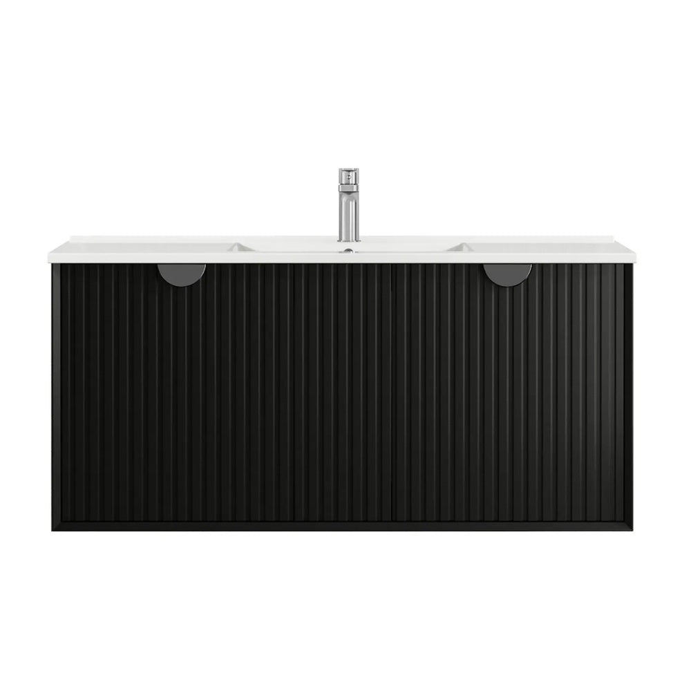 Otti Marlo Wall Hung Vanity 1200mm Matte Black w/ Undermount Natural Carrara Marble Top & Basin MA1200BSTUD-NCA-UB