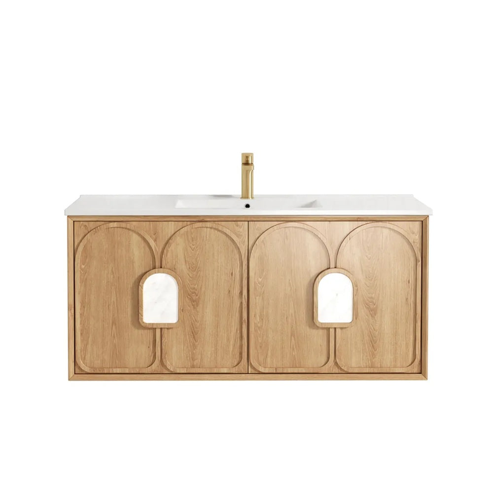 Otti Laguna Mk II Wall Hung Vanity 1200mm Natural Woodland Oak w/ Undermount Natural Carrara Marble Top & Basin LGM1200NSTUD-NCA-UB