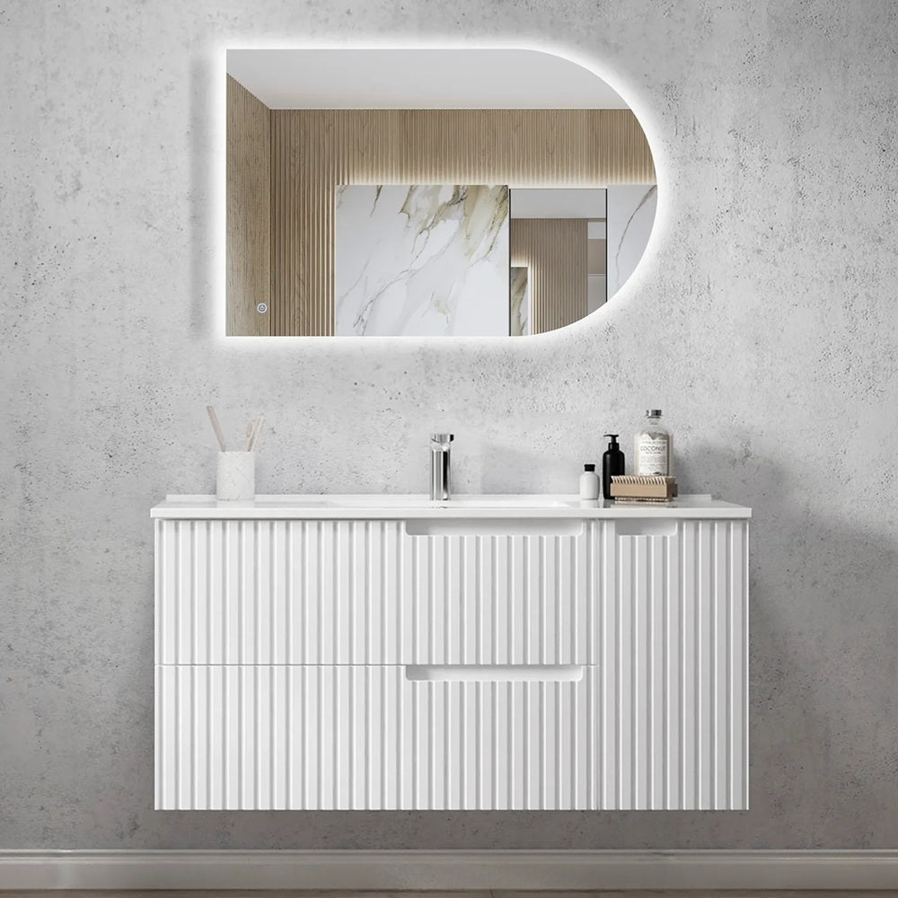 Otti Noosa Wall Hung Vanity 1200mm Satin White w/ Undermount Natural Carrara Marble Top & Basin NS1200WSTUD-NCA-UB