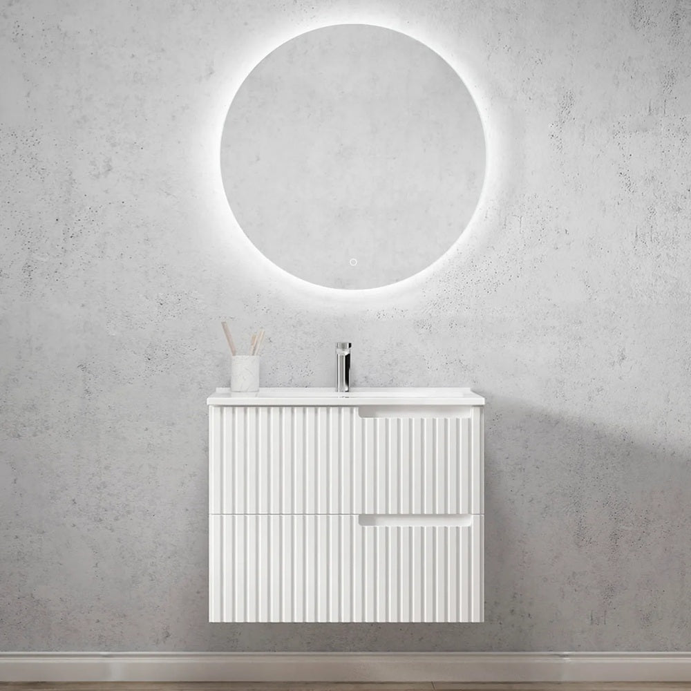 Otti Noosa Wall Hung Vanity 750mm Satin White w/ Undermount Natural Carrara Marble Top & Basin NS750WSTUD-NCA-UB