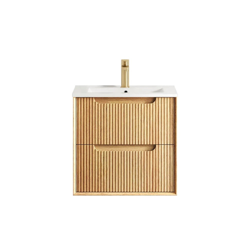 Otti Byron Fluted Wall Hung Vanity 600mm Woodland Oak / White Top BYW600LCT