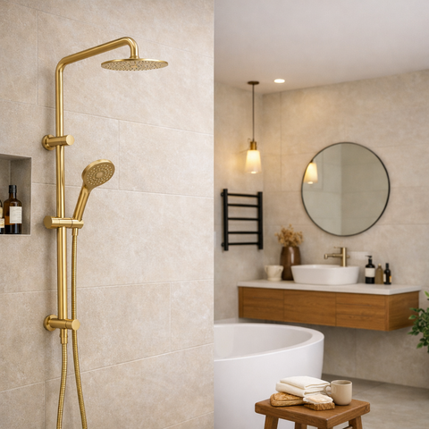 Amelie Essentiel Twin Shower Rail Set w/ 200mm Round Head Brushed Brass BDO18201BG