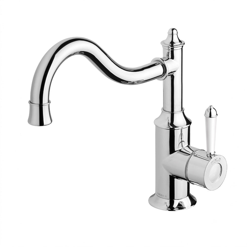 Phoenix Nostalgia Sink Mixer 230mm Shepherds Crook Chrome/White NS738-62-1