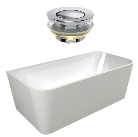 Seima Plati 130 Back to Wall Bath 1500mm Gloss White + Flexiwaste Overflow Kit & Pop-Out Waste Chrome 192856
