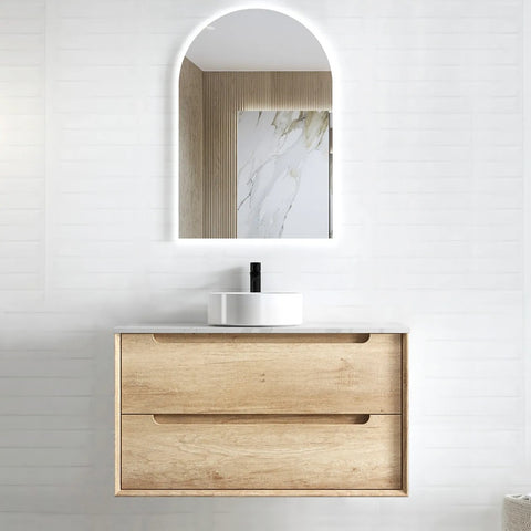 Otti Byron Wall Hung Vanity 900mm Natural Oak w/ Natural Carrara Marble Top BY900NSTUD-NCA