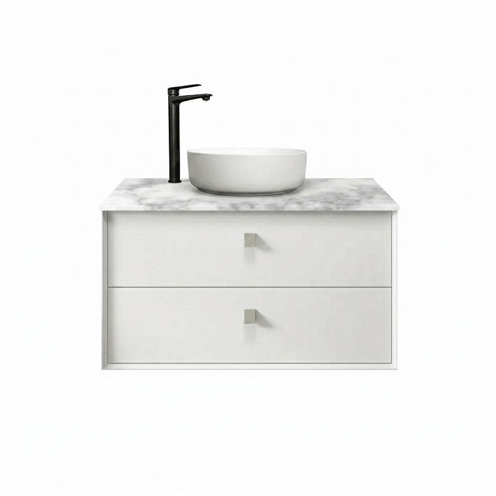 Otti Boston Wall Hung Vanity 900mm Satin White / Cloudy Carrara Top BS900WSTUD-CA