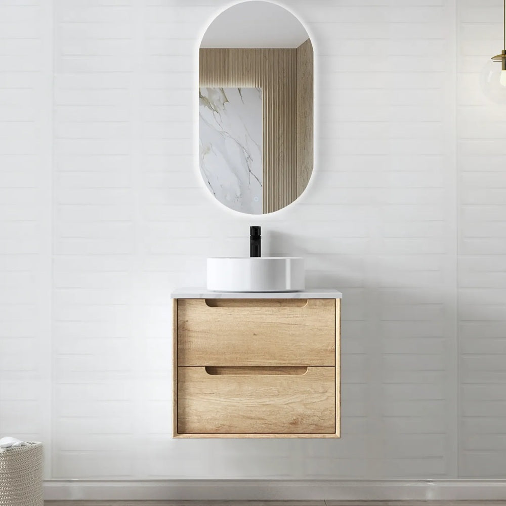 Otti Byron Wall Hung Vanity 600mm (No Taphole) Natural Oak / Mont Blanc 60mm Top BY600NST-60CA-NTH