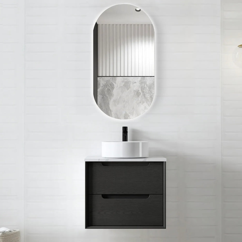 Otti Byron Wall Hung Vanity 600mm Black Oak w/ Cloudy Carrara Top BY600BSTUD-CA