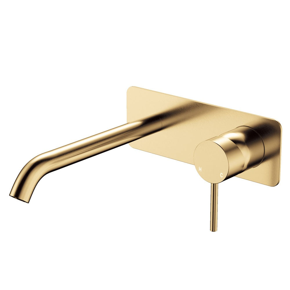 Fienza Kaya Basin/Bath Wall Mixer Set Rectangular Plate 200mm Outlet Lead Free Urban Brass 228106UB-200-LF