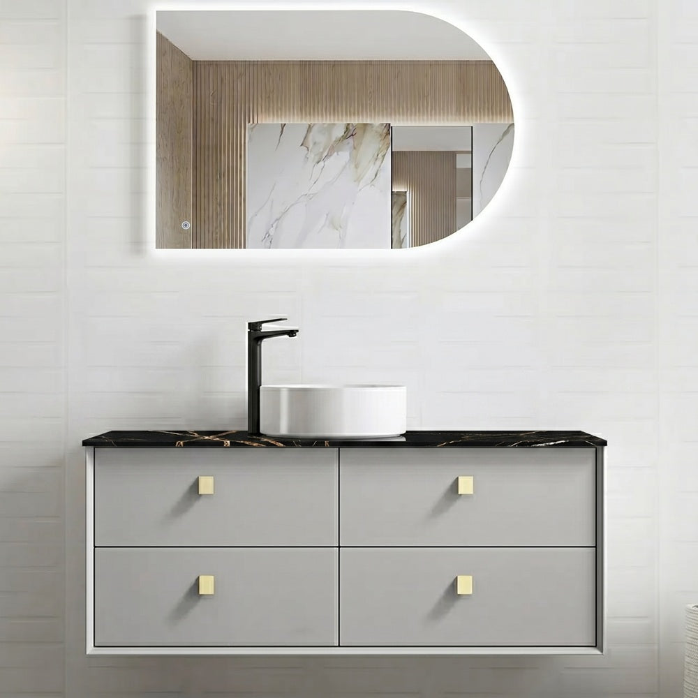 Otti Boston Wall Hung Vanity 1200mm (10 O'Clock Taphole) Light Grey / Empire Black Top BS1200LGST-EB-10TH