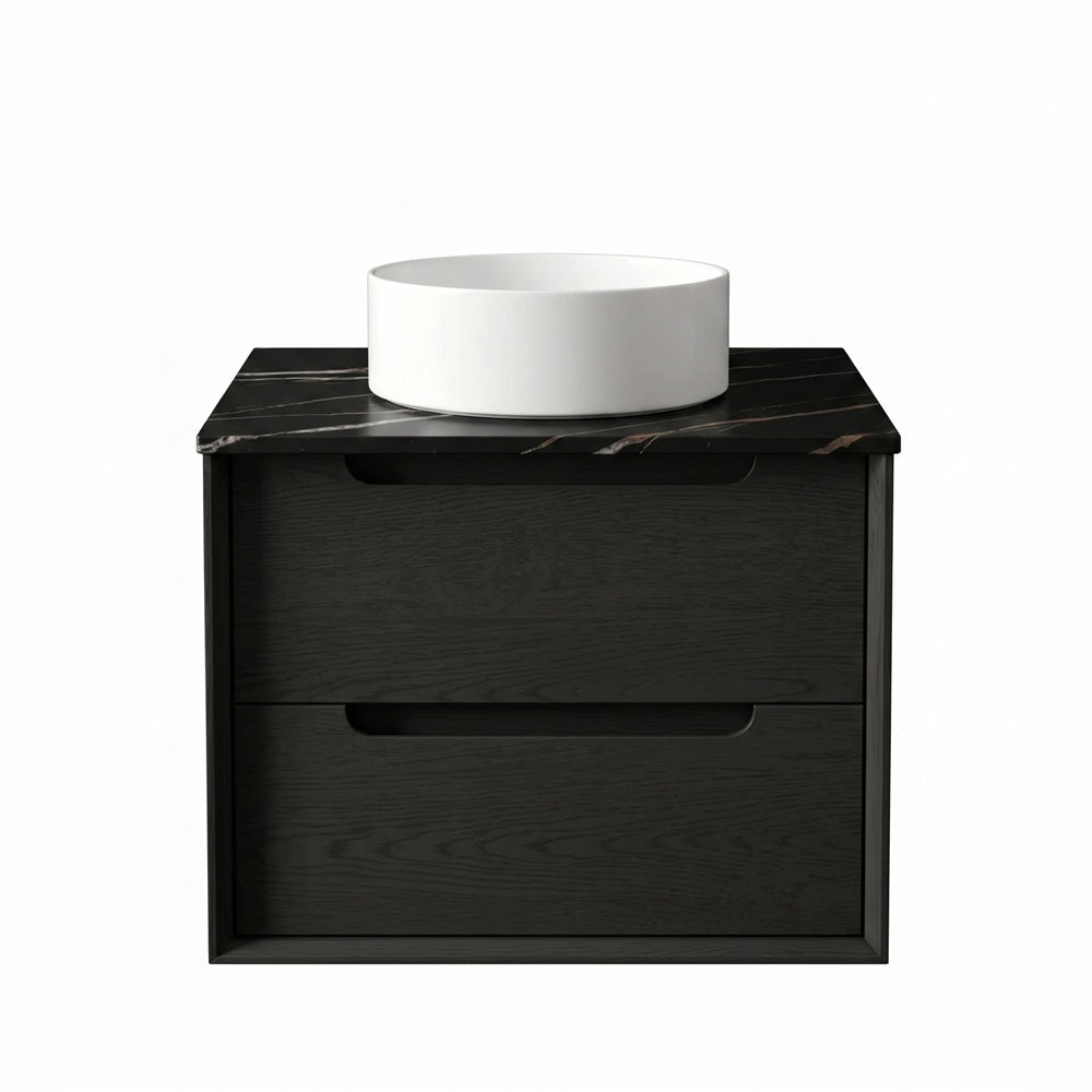 Otti Byron Wall Hung Vanity 600mm (2 O'Clock Taphole) Black Oak / Empire Black Top BY600BST-EB-2TH
