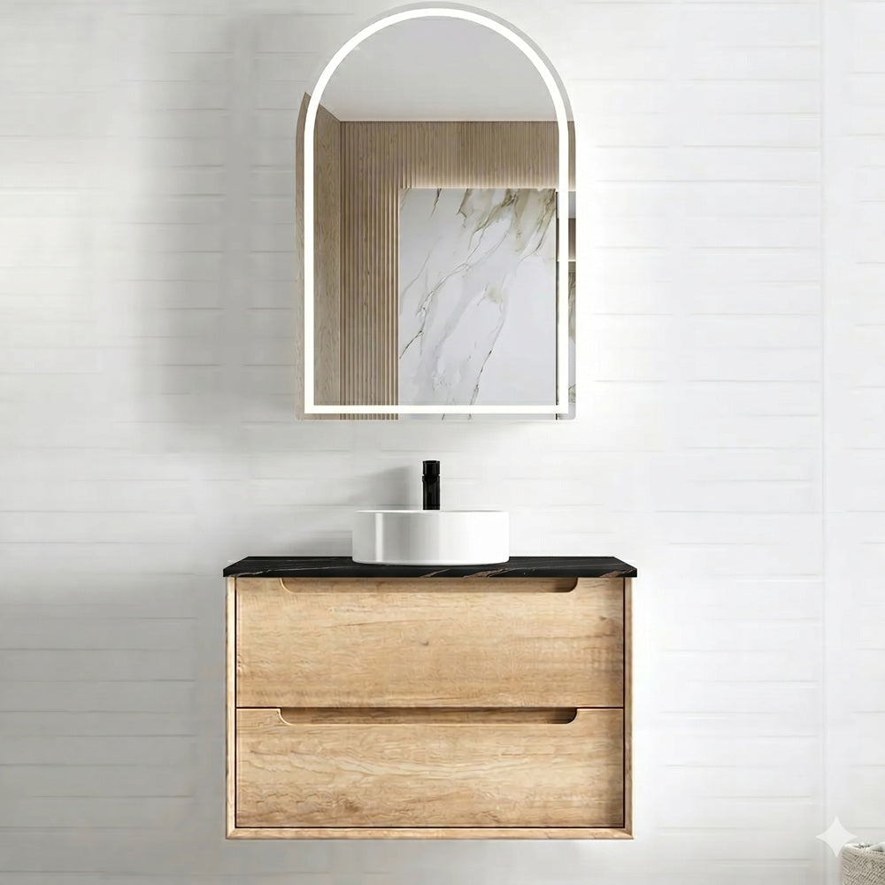 Otti Byron Wall Hung Vanity 750mm (No Taphole) Natural Oak / Empire Black Top BY750NST-EB-NTH
