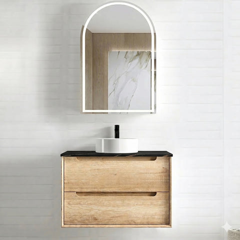 Otti Byron Wall Hung Vanity 750mm (2 O'Clock Taphole) Natural Oak / Empire Black Top BY750NST-EB-2TH