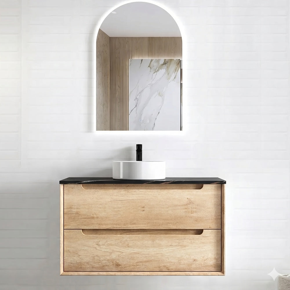 Otti Byron Wall Hung Vanity 900mm (10 O'Clock Taphole) Natural Oak / Empire Black Top BY900NST-EB-10TH