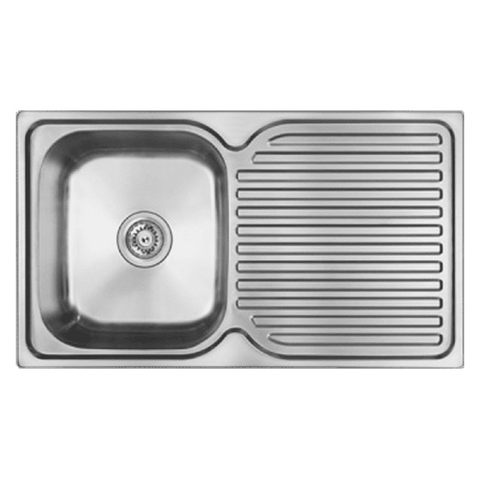 Abey Entry Sink Single Bowl 840x480mm Topmount Left Bowl 1 Taphole with Drainer Stainless Steel EN100L