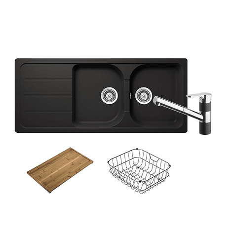 Abey Formhaus Sink Package Double Bowl Topmount (Inc. Pullout Mixer, Drainer, Chopping Board) Onyx FD200BT2 (FD200B & 400710B)