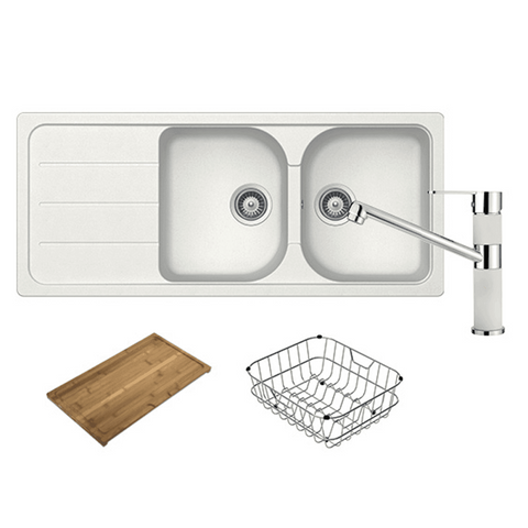 Abey Formhaus Sink Package Double Bowl Topmount (Inc. Mixer, Drainer, Chopping Board) Alpina FD200LWT (FD200W & 400456A)
