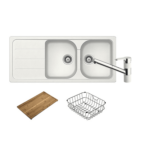 Abey Formhaus Sink Package Double Bowl Topmount (Inc. Pullout Mixer, Drainer, Chopping Board) Alpina FD200WT2 ( FD200W & 400710A)