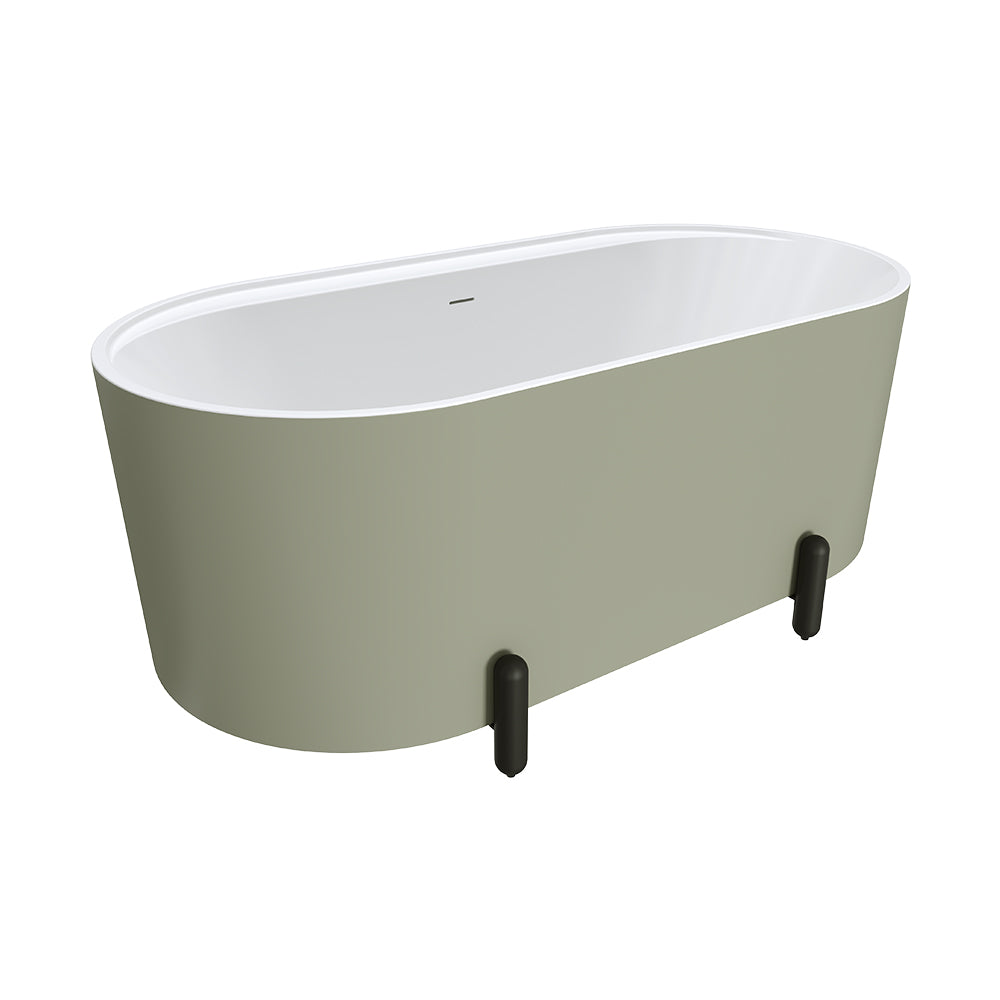 Fienza Aluca Freestanding Bath 1500mm w/ Overflow Matte Olive w/ Matte Black Legs FR88-1500G-B-OF
