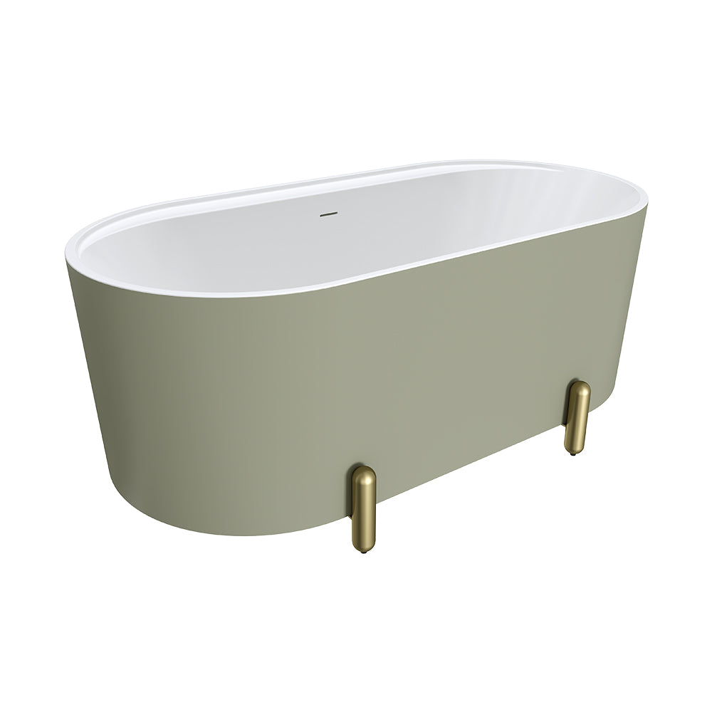 Fienza Aluca Freestanding Bath 1500mm w/ Overflow Matte Olive w/ Urban Brass Legs FR88-1500G-UB-OF
