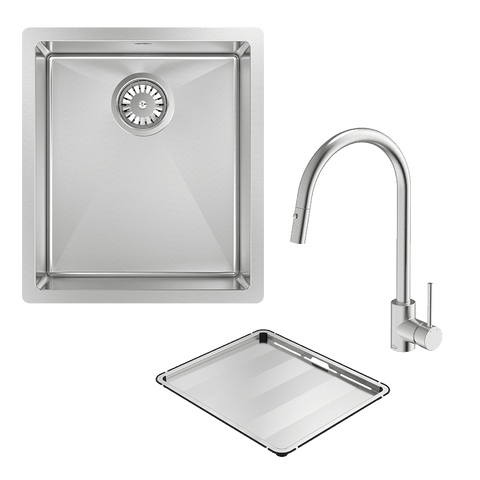 Abey Alfresco Sink Single Bowl 380x440mm Topmount/Undermount (Inc. Pullout Kitchen Mixer & Tray) Stainless Steel FRA340T15 (DTA18-316 + KTA037-316-BR)