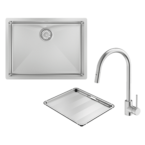 Abey Alfresco Sink Single Bowl 580x440mm Topmount/Undermount (Inc. Pullout Kitchen Mixer & Tray) Stainless Steelr Stainless Steel FRA540T15 (DTA18-316 + KTA037-316-BR)