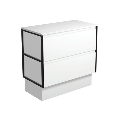 Fienza Amato 900 On Kickboard Cabinet 893x460x850mm (Matte Black Frames) Satin White (Cabinet Only) 90BWFK