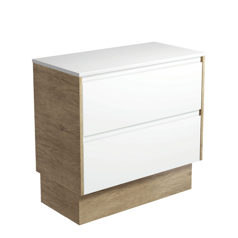 Fienza Amato 900 On Kickboard Cabinet Only 895x460x850mm (Scandi Oak Panels) Satin White (Cabinet Only) 90BWSK