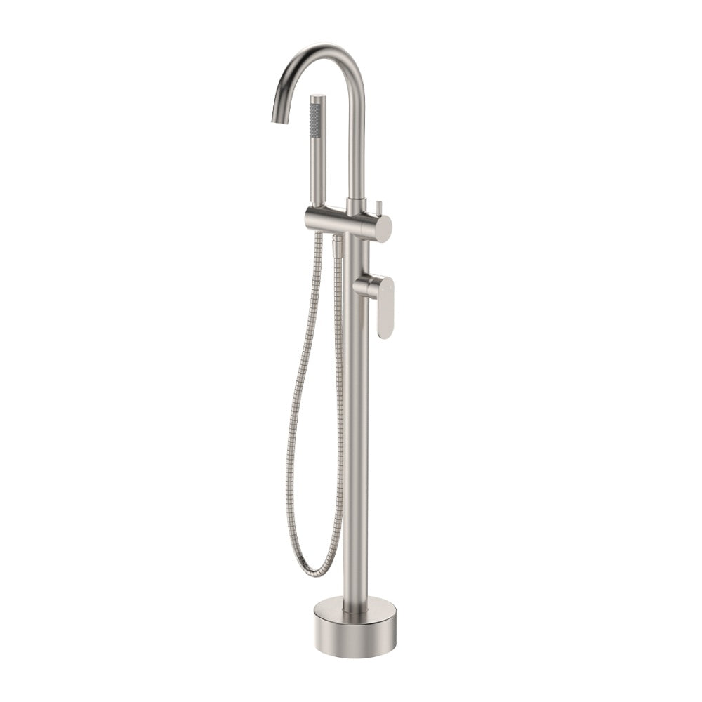 Fienza Empire Slim Floor Mounted Bath Mixer w/ Hand Shower Brushed Nickel 234113BN