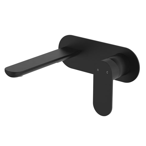Fienza Empire Slim Basin/Bath Wall Mixer Set Oval Plate 160mm Outlet Lead Free Matte Black 234106B-LF