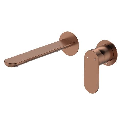 Fienza Empire Slim Basin/Bath Wall Mixer Set Round Plates 200mm Outlet Lead Free Brushed Copper 234104CO-200-LF