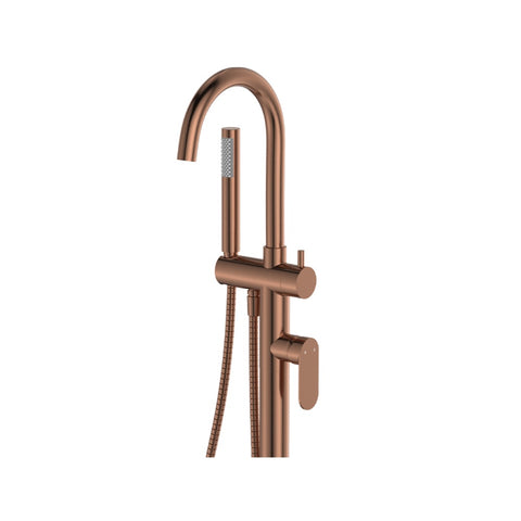 Fienza Empire Slim Floor Mounted Bath Mixer w/ Hand Shower Brushed Copper 234113CO