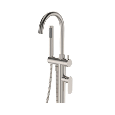 Fienza Empire Slim Floor Mounted Bath Mixer w/ Hand Shower Brushed Nickel 234113BN